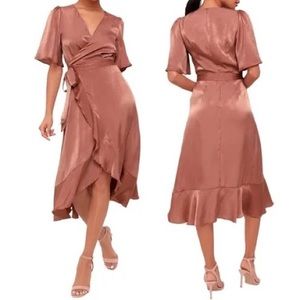 LULU’S Wrapped Up In Love Mauve Satin Faux-Wrap Midi Dress